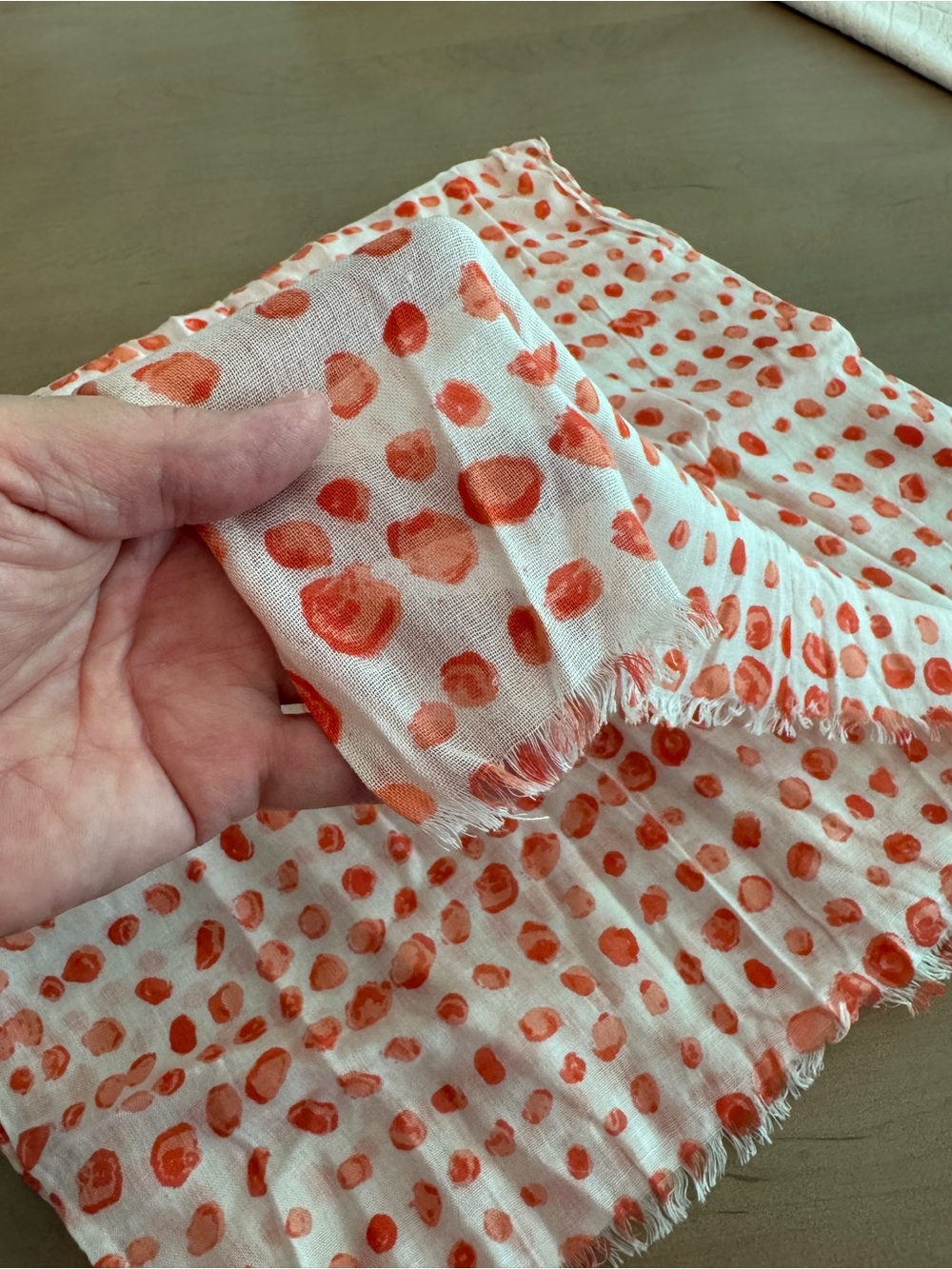 Lightweight Cream Scarf with Coral Dot Print Elizabeth Gillett NYC
